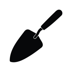 A black and white image showing a garden trowel on a white background