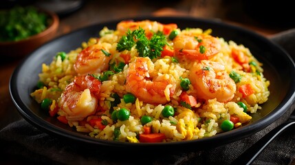 Vibrant seafood pasta dish, colorful shrimp and vegetables mixed with flavorful pasta, perfect for culinary showcase.