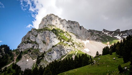 Mountain peak with forested slopes