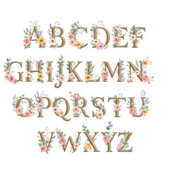 Floral alphabet letters isolated on transparent background