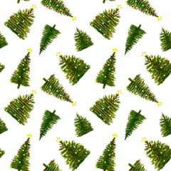 Seamless pattern  watercolor festive Christmas tree decorated with red yellow balls garland golden star on top hand drawn isolated on white background