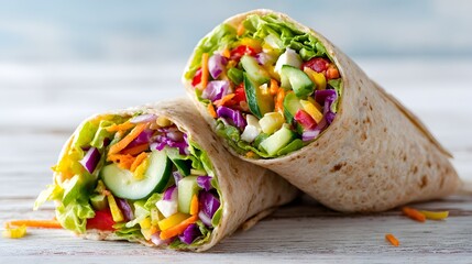 Fresh veggie wraps with vibrant colors and healthy ingredients, perfect for a light meal or snack, showcasing freshness and flavor.