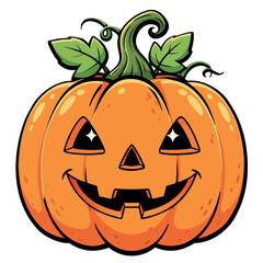 Happy Halloween Pumpkin Character with Funny Face and Green Leaves Vector Design