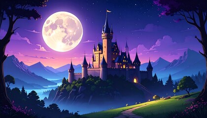 Fantasy castle at night, moonlit landscape
