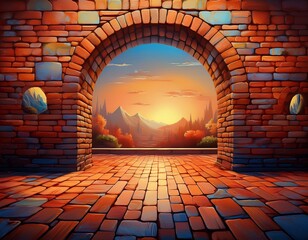 eye level brick wall with arch framed background