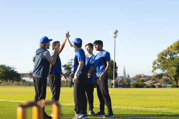 Diverse male teammates celebrating on cricket field in blue jerseys high-fiving near cricket stumps