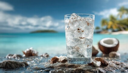 Fototapeta premium Refreshing iced water with coconut pieces. A clear glass of ice-cold water, filled with ice cubes and small pieces of coconut, sits on a rocky beach. 