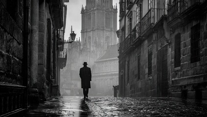 A solitary figure walks a narrow, rain-slicked alleyway, past tall buildings and a gothic tower