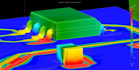 Computer 3d modeling of printed circuit board of electronic device. Investigation of  distribution of electric potential on surface of pcb, conductors, components  (capacitor, integrated circuit). © TKalinovskaya