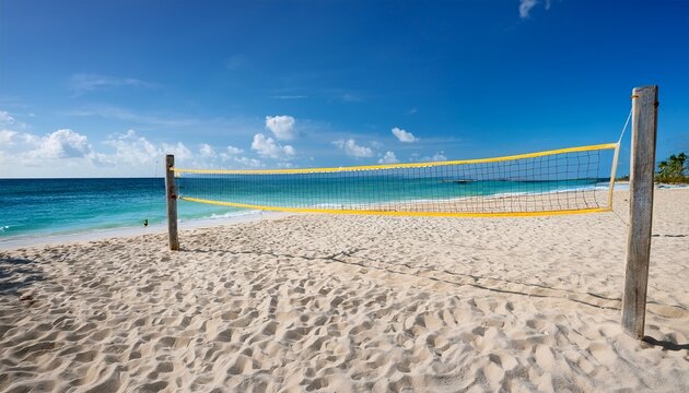 sun drenched volleyball court on a pristine beach with clear blue water in the background ready for a game soft sand gentle waves and vibrant sky create a perfect summer scene coastal court