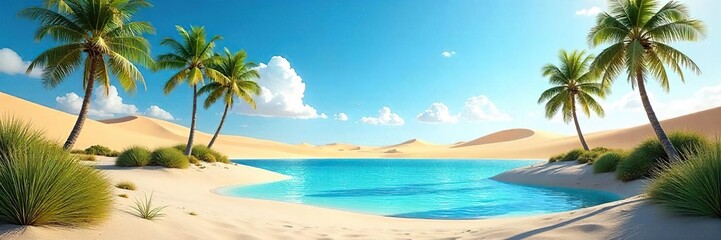 Serene desert oasis landscape featuring lush palm trees, sparkling water, and sand dunes under a vibrant blue sky  Perfect for travel, nature, and relaxation themes , dry climate, view, vacation