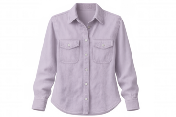 Lavender denim shirt featuring long sleeves, button-down front, chest pockets, photographed in studio setting against transparent background for fashion marketing