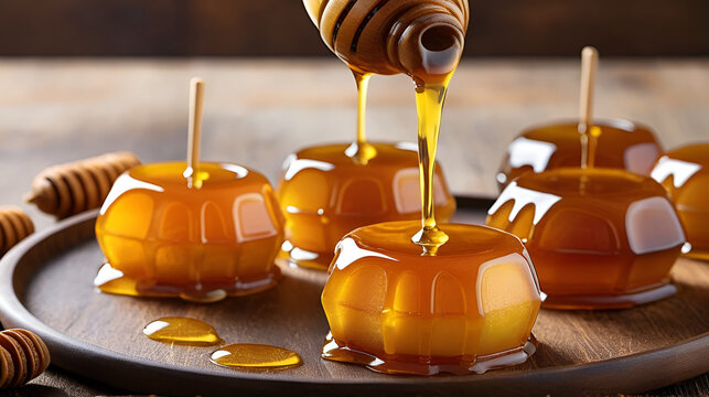 Golden honey drips from a wooden dipper onto delicious caramelized treats, capturing the essence of sweetness and culinary delight in a tantalizing composition.