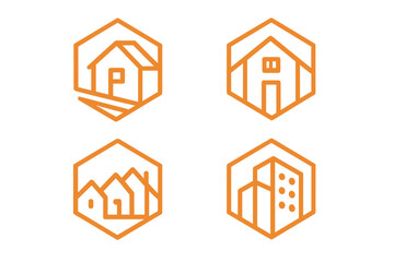 Fototapeta premium Real estate logo design set. Abstract hexagon line art icons for property, construction, and architecture business. House, home, and city building vector symbols collection.