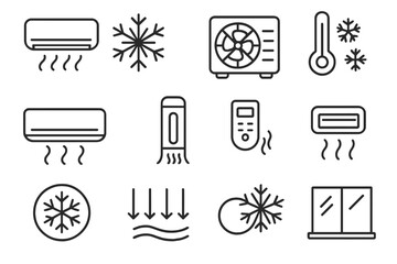 Air conditioner line icon set. Cooling, ventilation, climate control. Vector outline icons for HVAC service, remote, cold air flow, temperature, fan, snowflake pictogram.