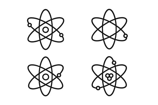 Atom icon set. Science and physics line icons. Vector symbols for nuclear energy, chemistry, quantum mechanics. Editable stroke illustration for web and apps. Scientific concept.