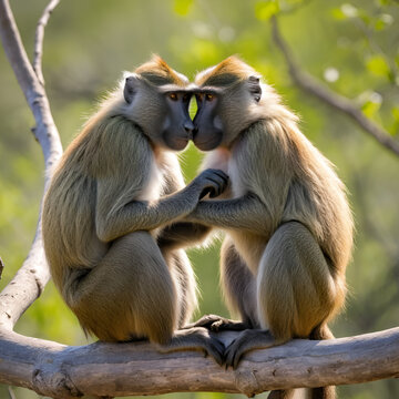 Two Chacma Baboons, cute but dangerous primates, grooming each other by looking for fleas or mites in the fur in this relational interaction on a branch in the Kruger National Park in South Africa.