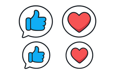 Social media reaction icon set with like and love symbols. Vector cartoon illustration of thumbs up and heart emojis in bubbles for online communication, UI, and feedback.