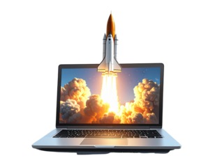 Laptop with Rocket Launching from Screen, Digital Illustration, Isolated