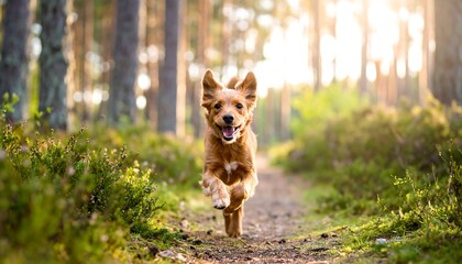 Naklejka premium Happy dog running on a forest path during golden hour.