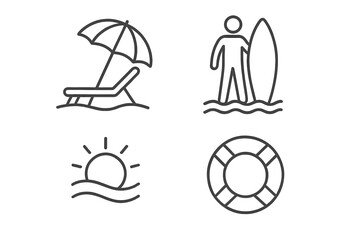 Beach vacation and summer travel icon set. Thin line art pictograms of surfing, sun lounger, sunset and lifebuoy. Vector graphic elements for web design, apps and articles.