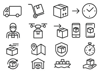 Delivery and logistics thin line icon set. Shipping, transport, and e-commerce outline symbols. Package tracking, courier, cargo, and warehouse vector signs for web and apps.