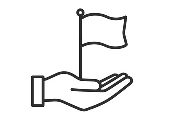Hand holding flag line icon. Symbol of success, achievement, and victory. Concept for mission accomplished, goal reached, or a new milestone. Location marker, destination pin.