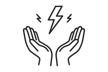 Obraz premium Energy in hands line icon. Power, electricity, charge concept. Lightning bolt symbol. Creative idea, innovation, inspiration metaphor. Strength, magic, miracle vector illustration.