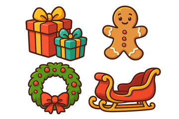 Christmas holiday icon set with gift boxes, gingerbread man, festive wreath, and Santa's sleigh. Cheerful cartoon vector illustration collection for winter celebration design.
