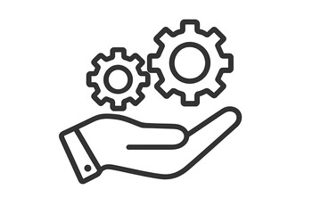 Hand with cogs and gears line icon. Concept of technical support, service, development, and progress. Engineering, automation, and business solutions. Innovation and implementation.