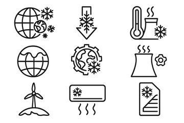 Climate change & global cooling line icon set. Vector symbols for weather, temperature, snowflake, globe, industry, wind turbine & air conditioner. Outline design for apps.