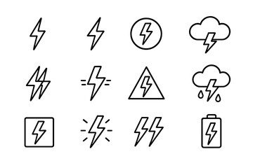 Lightning bolt thin line icon set. Collection of thunder, storm, and electricity symbols. Minimalist outline design for weather, power, energy, charge and warning signs.