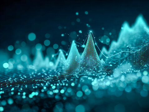 Abstract futuristic digital landscape with glowing blue data points forming three-dimensional peaks and wave-like structures in a technology concept background