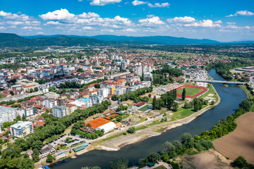 Kraljevo city and river Ibar, drone view of town in Serbia