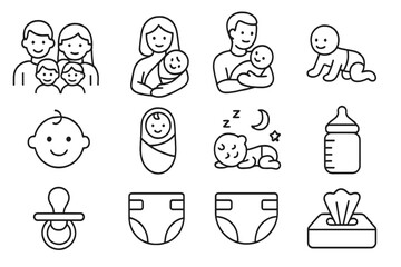 Family, baby care, newborn line icon set. Parenting, maternity, childcare symbols. Mother, father, child, diaper, bottle, pacifier, wipes. Vector outline pictogram collection.