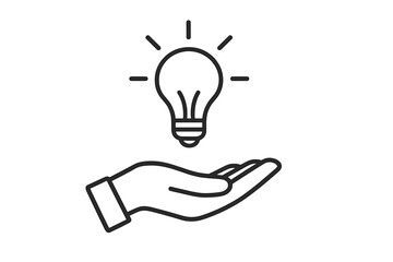 Hand holding light bulb line icon. Concept of new idea, innovation, inspiration and creativity. Business solution, knowledge sharing, and support symbol. Vector illustration.