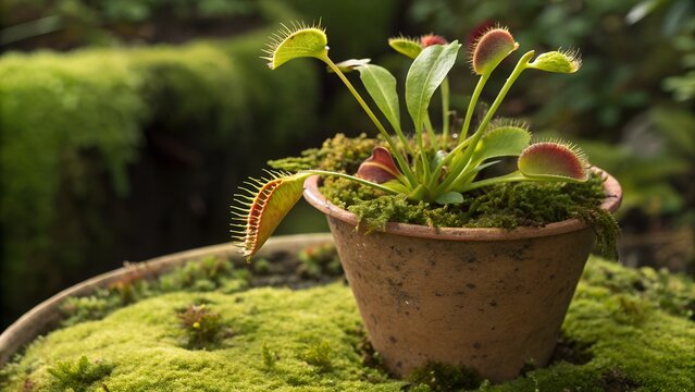 Exotic pitcher plant in a clay pot, vibrant green with red-tipped carnivorous pitchers, surrounded by moss, dramatic close-up