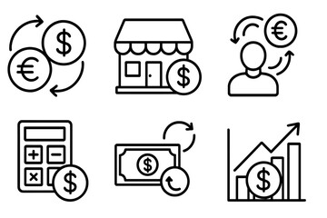 Currency exchange and finance line icon set. Vector collection of money transfer, investment growth, financial calculation, and business transaction symbols. Editable stroke.