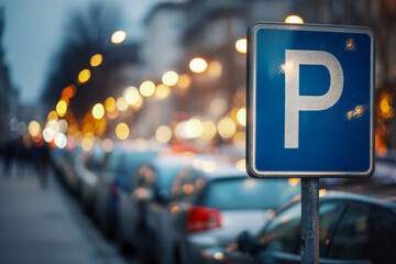 City street parking lot with illuminated lights at dusk