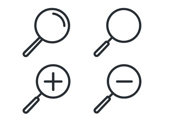 Magnifying glass icon set. Modern outline style for web design, apps, UI. Vector search, find, zoom in, zoom out symbols. Loupe and lens graphic elements collection.