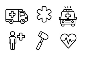 Obraz premium Ambulance and medical emergency thin line icon set. Healthcare, first aid, hospital symbols. Vector icons of star of life, heartbeat, doctor, patient. Editable stroke design.