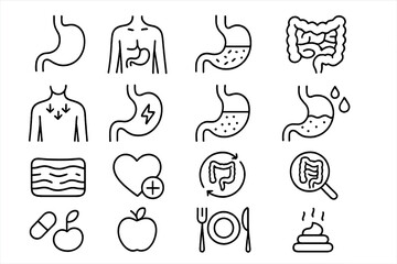 Digestion and intestine health thin line icon set. Stomach, gut, bowel, and digestive system vector icons. Gastroenterology, diet, and nutrition concepts. Editable stroke.