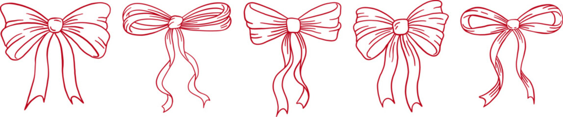 Hand drawn red vintage ribbon bows, bow knots vector set. Doodle style holiday clipart. Christmas, Valentines day, wedding invitation, birthday decor