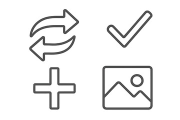 Obraz premium Line icon set for UI UX. Refresh, update, checkmark, done, approved, plus, add, image, picture, gallery symbols. Editable stroke vector for web, mobile app, infographic.