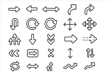 Arrows thin line icon set. Big collection of navigation pointer symbols for web design. UI, UX signs for mobile app. Reload, download, next, previous vector elements.