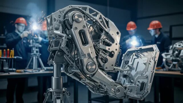 Steel framework of a heavy industrial exoskeleton prototype mounted on an adjustable support stand during precision alignment procedures.
