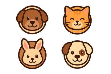 Set of cute pet animal head icons. Dog, cat, rabbit characters. Collection of simple flat cartoon vector illustrations for logo, sticker or mascot design. Kawaii puppy and kitty faces.