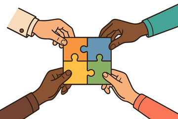 Diverse hands joining puzzle pieces. Teamwork, collaboration, and partnership concept. Business solution, strategy, and success. Unity and cooperation in a diverse team.