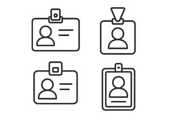 Employee ID badge icon set. Staff identification card, security pass, and lanyard vector collection. Line art illustration for access control, user profile, and corporate identity.