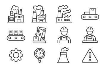 Set of factory and industry line icons. Vector symbols for manufacturing, production, automation, worker, power plant, and engineering. Outline signs for web and graphic design.